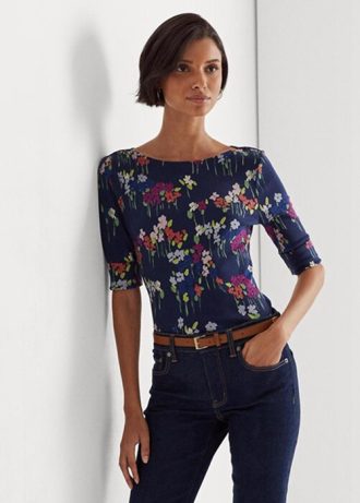 T-shirts multicolores à col bateau en coton extensible à fleurs Ralph Lauren pour femme