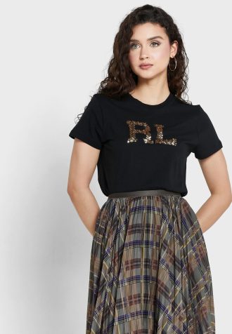 T-shirts noirs à col rond et logo Ralph Lauren pour femmes