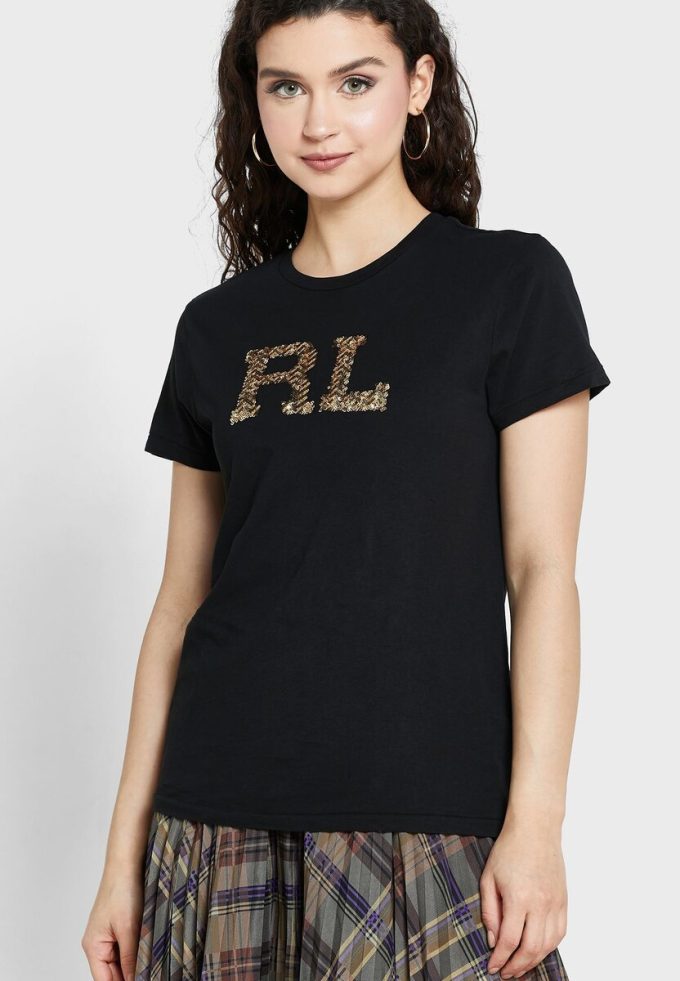 T-shirts noirs à col rond et logo Ralph Lauren pour femmes T-shirts noirs à col rond et logo Ralph Lauren pour femmes