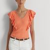 T-shirts orange en maille côtelée à volants Ralph Lauren pour femmes T-shirts orange en maille côtelée à volants Ralph Lauren pour femmes