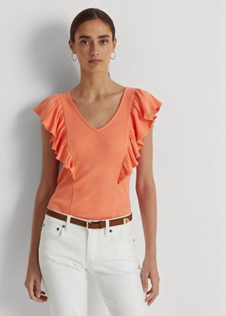 T-shirts orange en maille côtelée à volants Ralph Lauren pour femmes