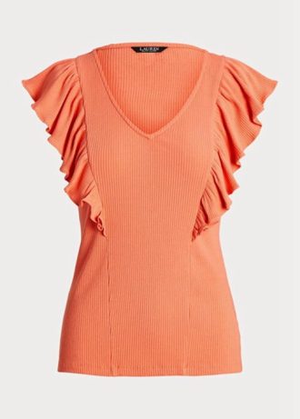 T-shirts orange en maille côtelée à volants Ralph Lauren pour femmes
