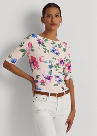 T-shirts roses en coton extensible à fleurs Ralph Lauren pour femmes