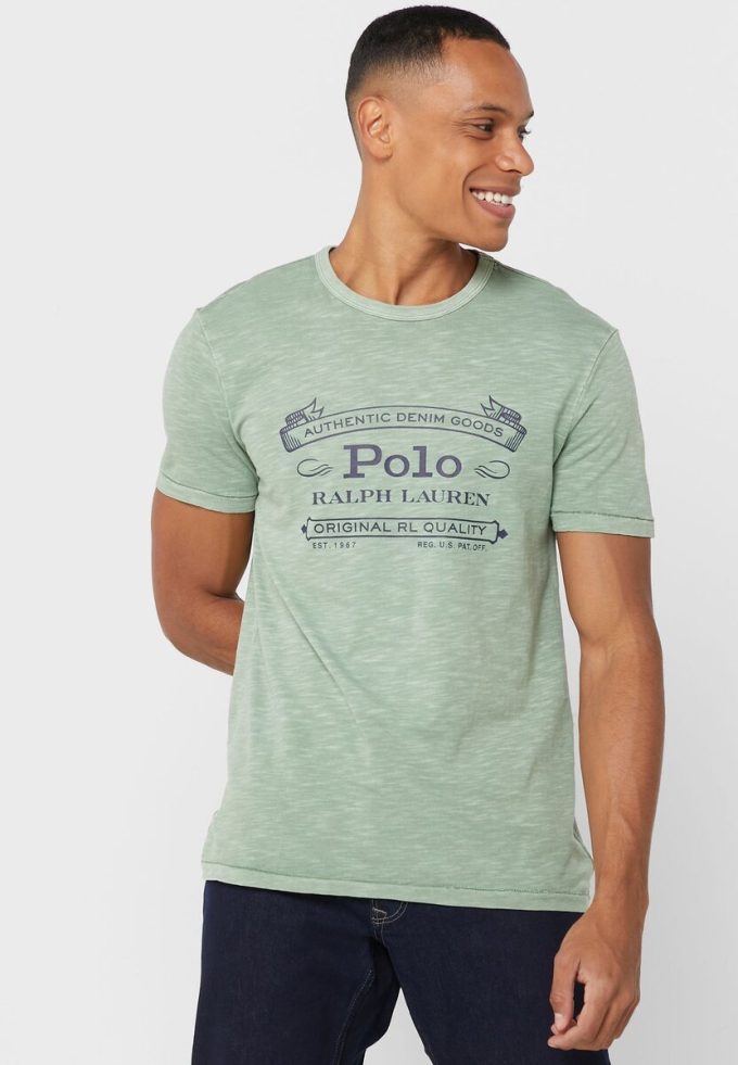 T-shirts verts à col ras du cou avec logo Ralph Lauren pour hommes T-shirts verts à col ras du cou avec logo Ralph Lauren pour hommes