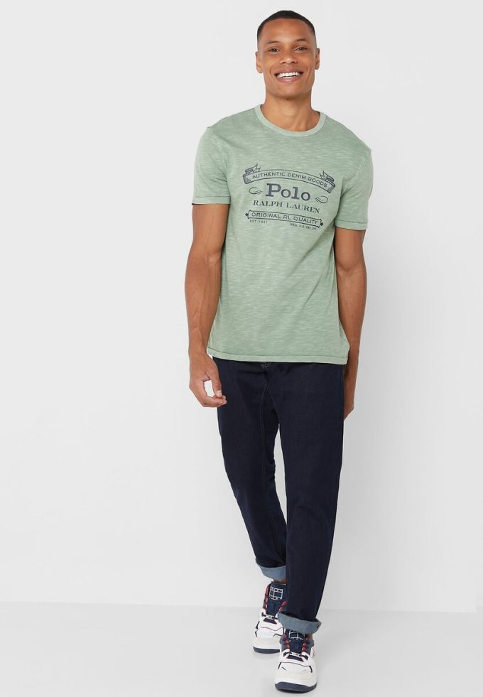 T-shirts verts à col ras du cou avec logo Ralph Lauren pour hommes T-shirts verts à col ras du cou avec logo Ralph Lauren pour hommes