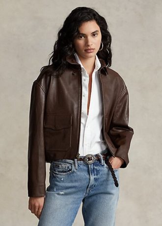 Vestes bomber en cuir courtes marron Ralph Lauren pour femmes