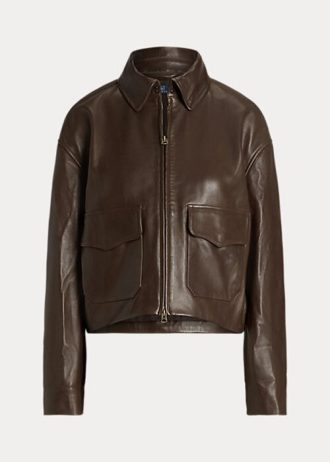 Vestes bomber en cuir courtes marron Ralph Lauren pour femmes