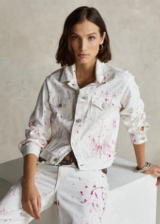 Vestes camionneur en denim à imprimé poney rose Ralph Lauren blanches pour femmes